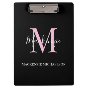 Elegant Black Pink Personalised Monogram Name Clipboard