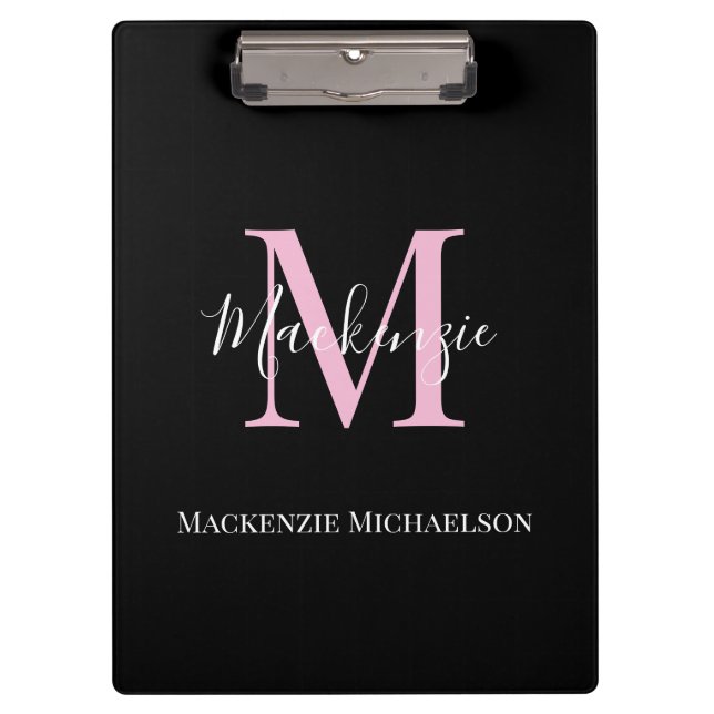 Elegant Black Pink Personalised Monogram Name  Clipboard (Front)