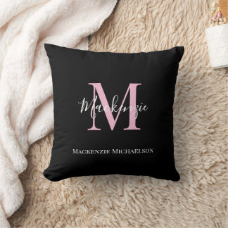 Elegant Black Pink Personalised Monogram Name Cushion