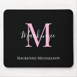 Elegant Black Pink Personalised Monogram Name Mouse Pad