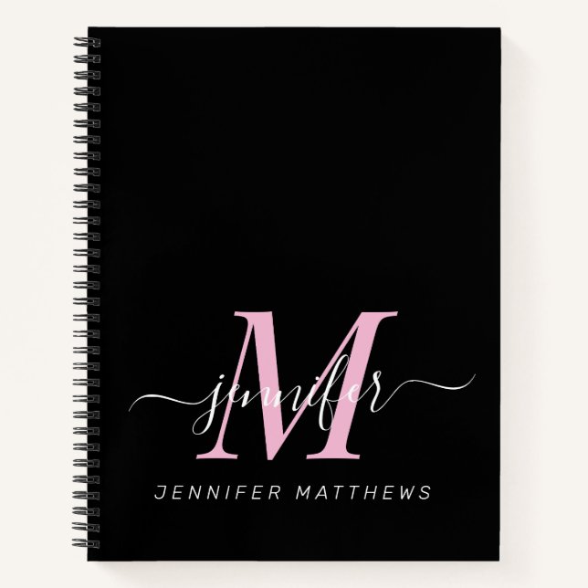 Elegant Black Pink Personalised Monogram Name Notebook (Front)
