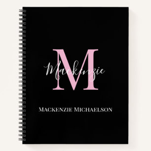 Elegant Black Pink Personalised Monogram Name Notebook