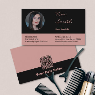 Elegant Black & Pink QR Code Hair Stylist  Business Card