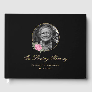 Elegant Black Pink Rose Floral Funeral Photo Guest Book