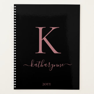 Elegant Black Pink Rose Gold Monogram Name Planner