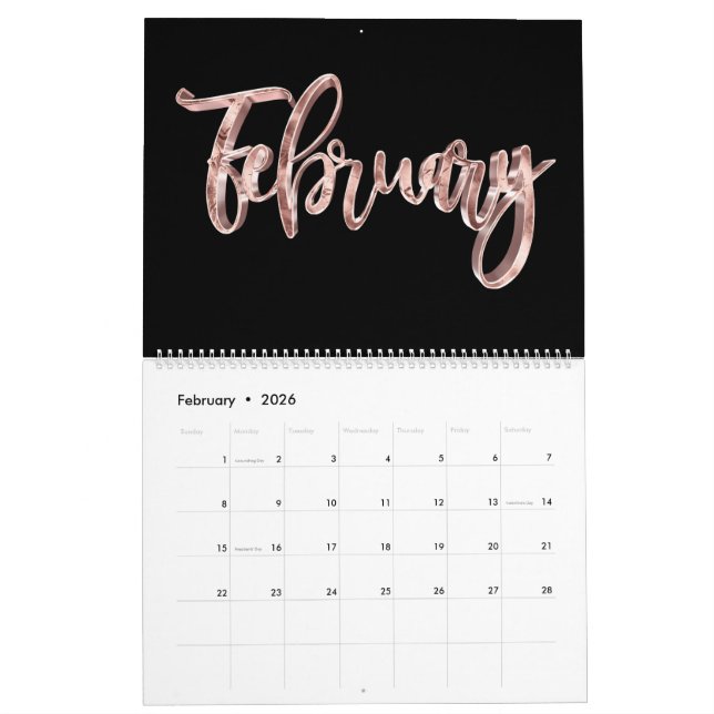 Elegant Black Pink Rose Gold Script Typography Calendar (Feb 2026)