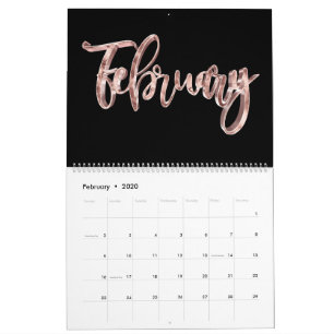 Elegant Black Pink Rose Gold Script Typography Calendar