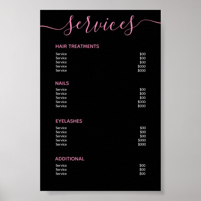Elegant Black Pink Salon Price List Service Menu Poster (Front)