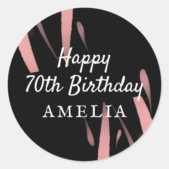 Elegant Black Pink Watercolor 70th Birthday  Classic Round Sticker (Front)