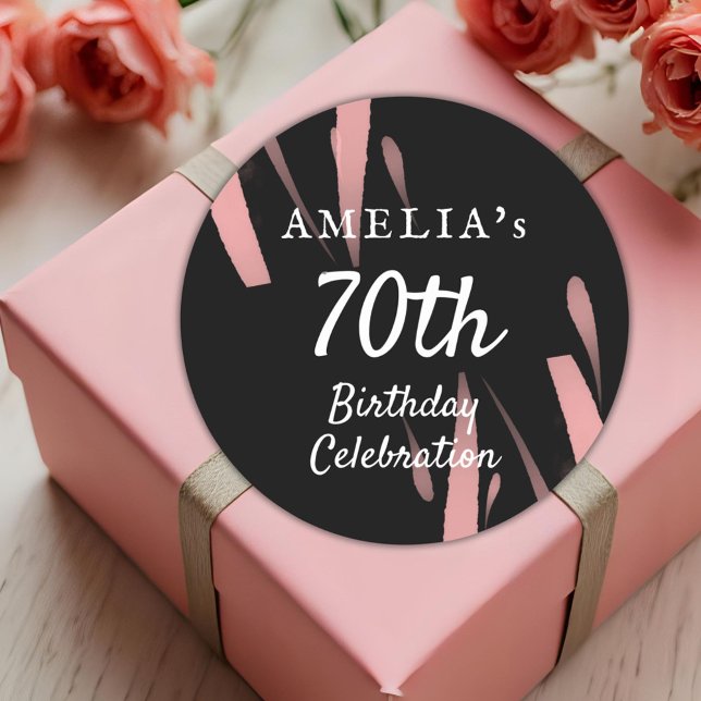 Elegant Black Pink Watercolor 70th Birthday  Classic Round Sticker (Creator Uploaded)