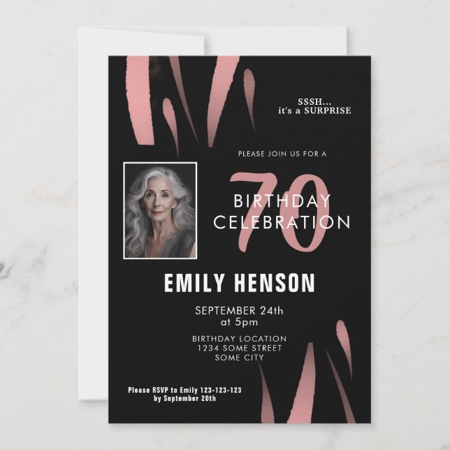 Elegant Black Pink Watercolor 70th Birthday Photo Invitation (Front)
