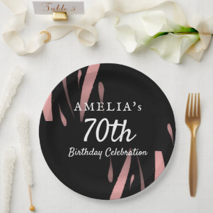 Elegant Black Pink Watercolor 70th Happy Birthday  Paper Plate