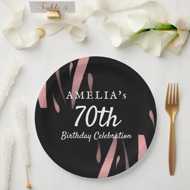 Elegant Black Pink Watercolor 70th Happy Birthday  Paper Plate (Wedding)