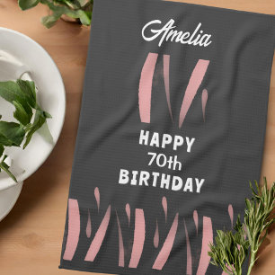 Elegant Black Pink Watercolor 70th Happy Birthday  Tea Towel