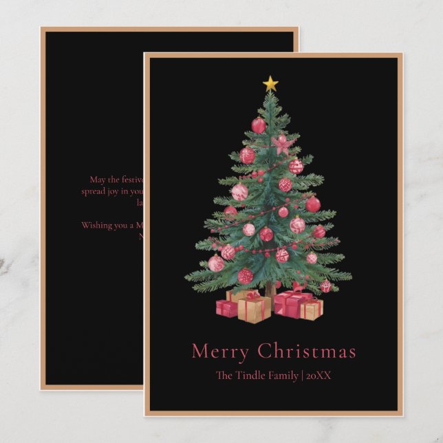 Elegant Black Pink Watercolor Christmas Tree Holiday Card (Front/Back)