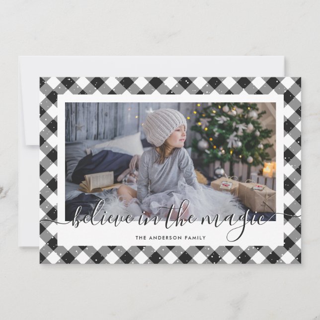 Elegant Black Plaid Believe Photo Holiday Card (Front)