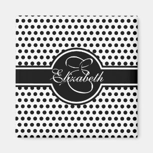 Elegant Black Polka Dots on White Monogram Magnet