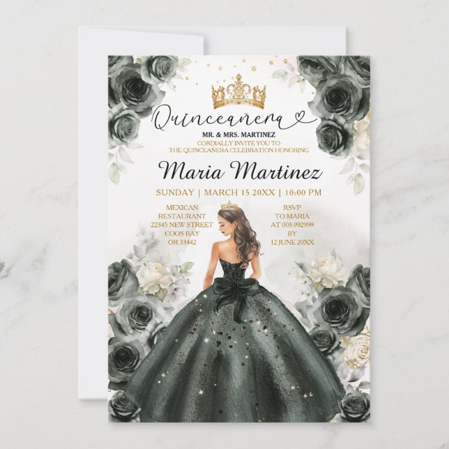 Elegant Black Princess Dress Floral Quiñceanera Invitation (Front)