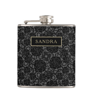 Elegant black printed lace pattern with name hip flask