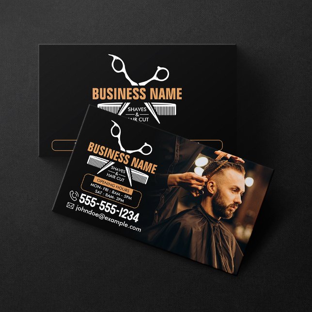 Elegant Black Professional BarberShop Hair Stylist Business Card (Creator Uploaded)