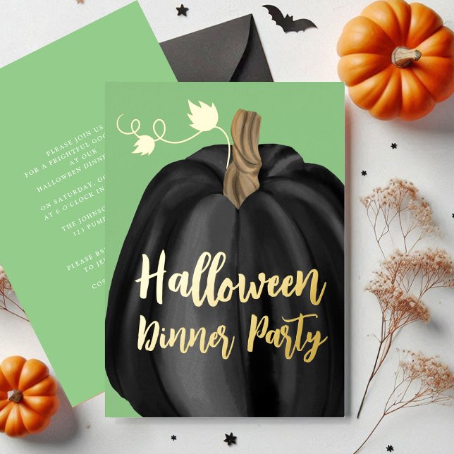 Elegant Black Pumpkin Halloween Dinner Party (Green Gold Script Pumpkin Halloween Dinner Party Foil Invitation)