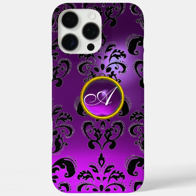 ELEGANT BLACK PURPLE DAMASK GEM MONOGRAM Case-Mate iPhone CASE (Back)
