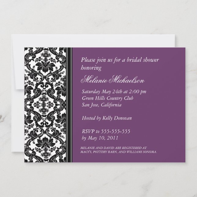 Elegant Black Purple Floral Damask Bridal Shower Invitation (Front)