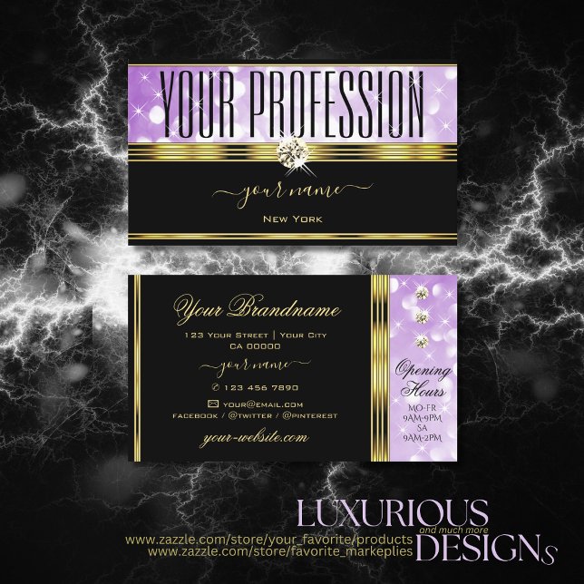 Elegant Black Purple Glitter Diamonds Gold Border Business Card (Creator Uploaded)