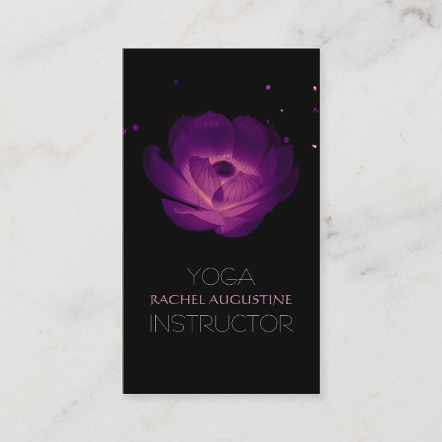 Elegant Black Purple Glowing Lotus Yoga Instructor Business Card (Front)