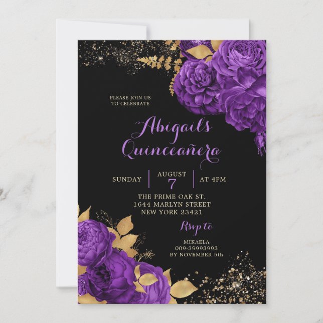 Elegant Black Purple Gold Stiletto Quinceañera Invitation (Front)