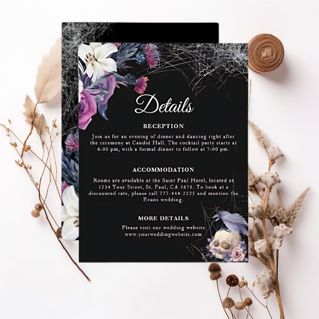 Elegant Black Purple Gothic Floral Skull Wedding Enclosure Card (Creator Uploaded)