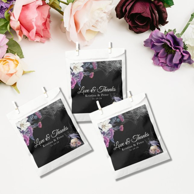 Elegant Black Purple Gothic Floral Skull Wedding Favour Bags (Creator Uploaded)