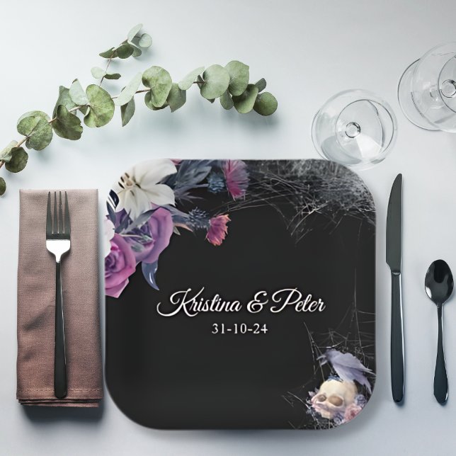 Elegant Black Purple Gothic Floral Skull Wedding Paper Plate (Creator Uploaded)