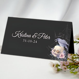 Elegant Black Purple Gothic Floral Skull Wedding  Place Card