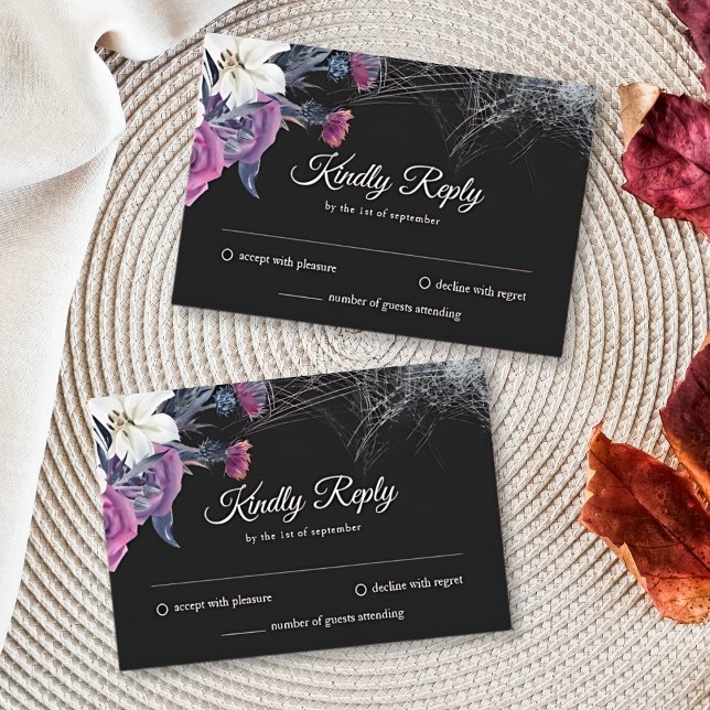 Elegant Black Purple Gothic Floral Skull Wedding RSVP Card (Creator Uploaded)