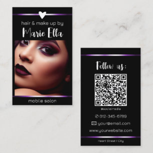 Elegant Black Purple Lines Photo QR Code Template Business Card