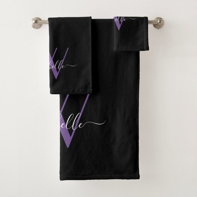 Elegant Black Purple Monogram Name Script Bath Towel Set (Insitu)