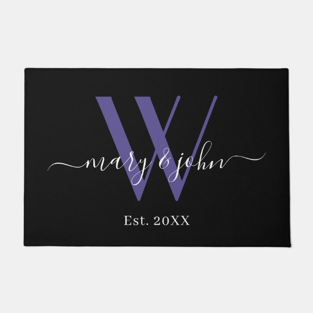 Elegant Black Purple Monogram Names Script Wedding Doormat (Front)