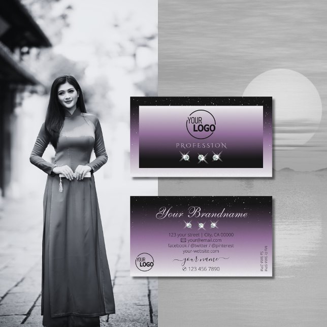 Elegant Black Purple Ombre Sparkle Jewels Add Logo Business Card (Creator Uploaded)