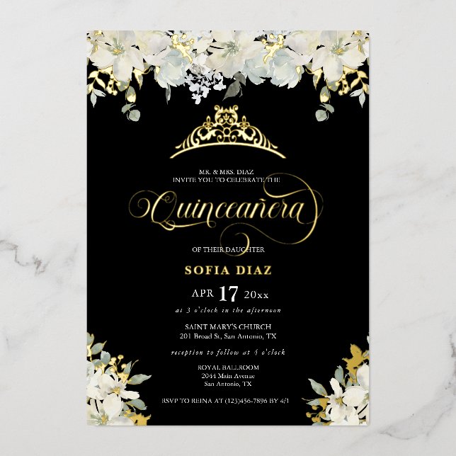 Elegant Black Quinceañera Floral Gold (Front)