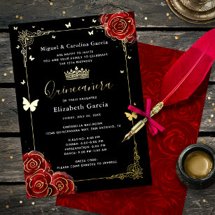 Elegant Black Quinceanera Red Rose Real Gold