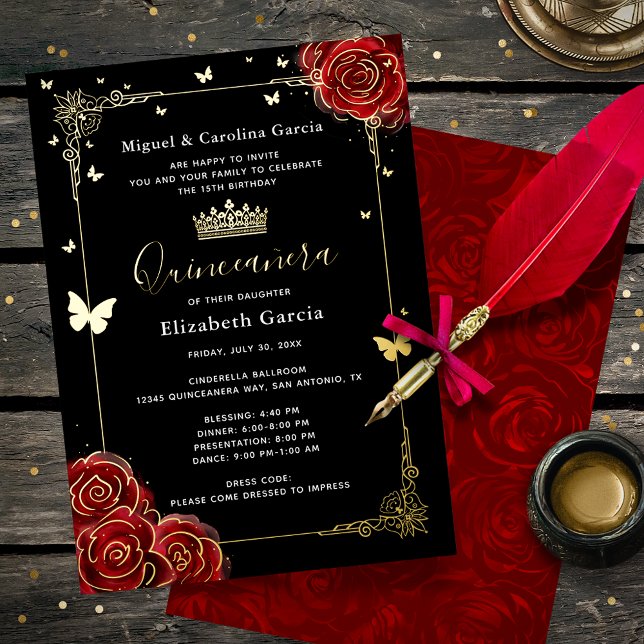 Elegant Black Quinceanera Red Rose Real Gold (Black, red and real metallic gold foil quinceanera invitations to make your big day sparkle!)