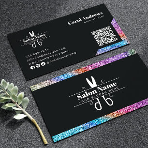 Elegant Black & Rainbow Glitter Hair Stylist Logo Business Card