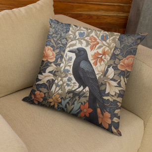 Elegant Black Raven William Morris Inspired Floral Cushion