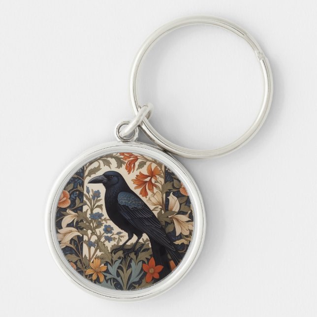 Elegant Black Raven William Morris Inspired Floral Key Ring (Front)