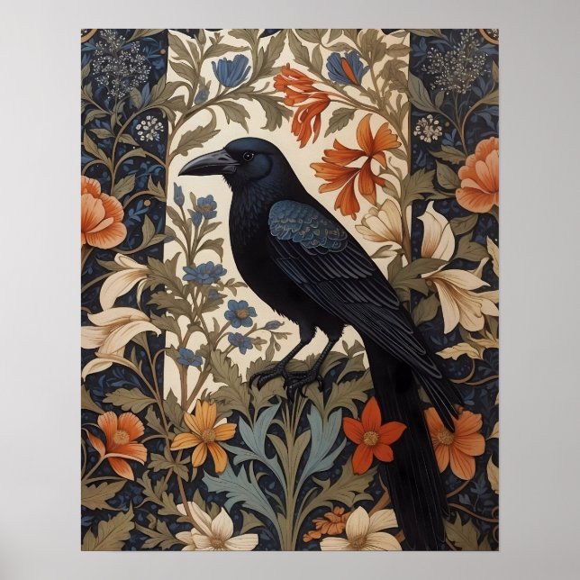 Elegant Black Raven William Morris Inspired Floral Poster (Front)