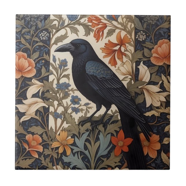 Elegant Black Raven William Morris Inspired Floral Tile (Front)