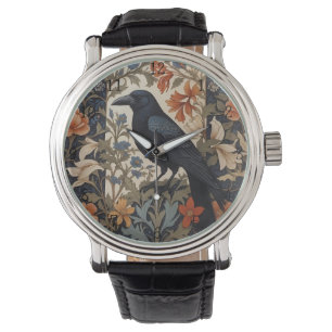 Elegant Black Raven William Morris Inspired Floral Watch