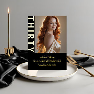 Elegant Black & Real Gold Foil 30th Birthday Photo