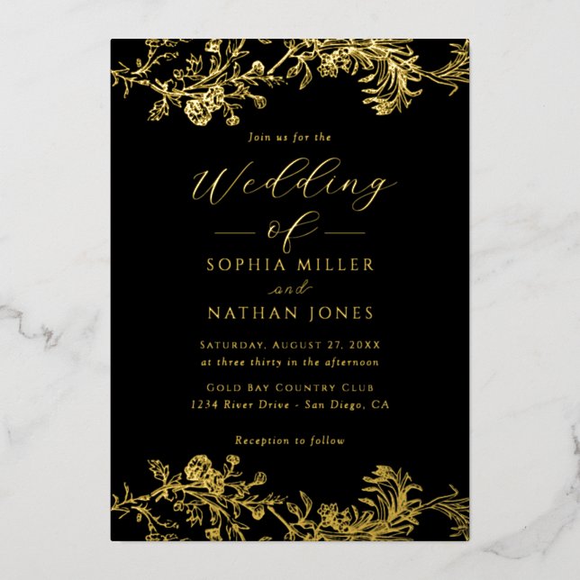 Elegant Black Real Gold Foil Floral Lace Wedding  (Front)